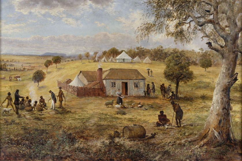 Painting of a small house in the middle of an open paddock. In the background a series of tents have been pitched, bordering on some nearby bushland. In the foreground, there are indigenous men and women standing and sitting - some around a campfire, others looking at the dirt. Two individuals - a man and a woman - can be seen amongst the group, dressed in European clothing.