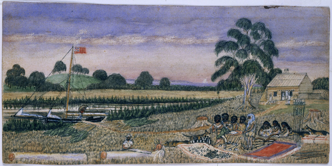 The scene is of an agricultural setting, with the river to one side and a field stretching behind it. To the right, a group of indigenous men sit around a table watching two white men, one of which is writing. Indigenous women sit on the ground nearby, along with dogs. A small weatherboard house can be seen in the distance.