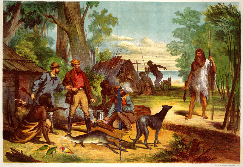 In the foreground a group of white and Indigenous men stand in front of a bark hut. They are standing around a dead kangaroo and there are dogs and birds nearby. In the background a group of indigenous men sit around a fire, holding spears. All of the men are staring at a strange figure walking into the camp - he has long hair, is wearing an animal skin garment and is holding a spear.