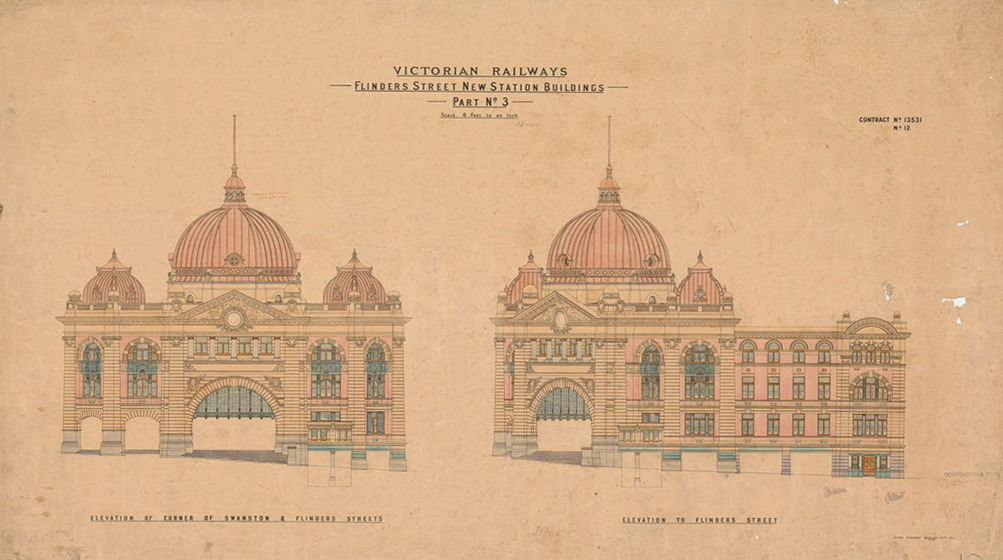 An architectural drawing of Flinders Street Station. There are two drawings on the one page, one reflecting the front facade, and one reflecting the side facade. Both drawings include the distinctive domed roof.