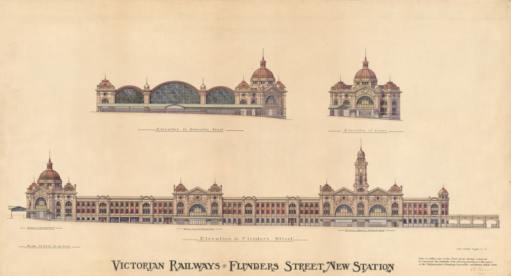 An archietctural drawing of Flinders Street Station. There are three drawings on the one page, all reflecting a different aspect of the station building.