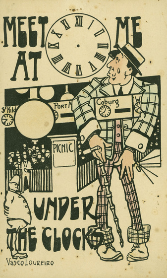 A cartoon drawing of a man in a checkered suit and hat, staring worryingly at a clock face. Text across the page states 'Meet me at ... Under the Clocks'