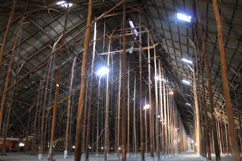 Interior of a large tall shed being held up my multiple wooden sticks.