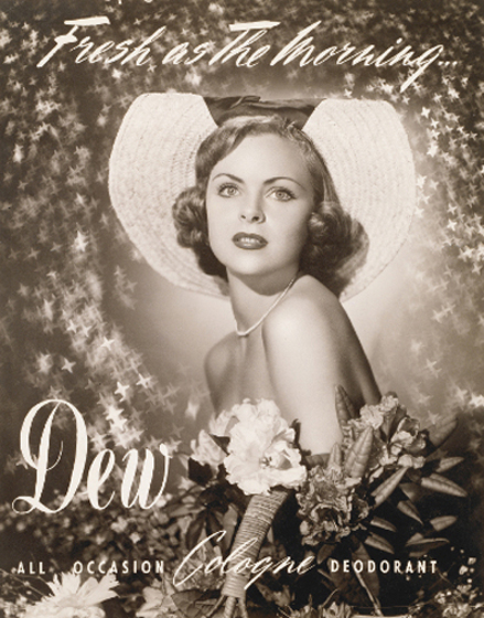 A sepia advetisement of a woman staring off into the distance. You can only see the top half of her body, some of it partially obscured by a basket and lots of foliage. She is wearing a round broad brim hat, with the front section cut out to create a halo effect.