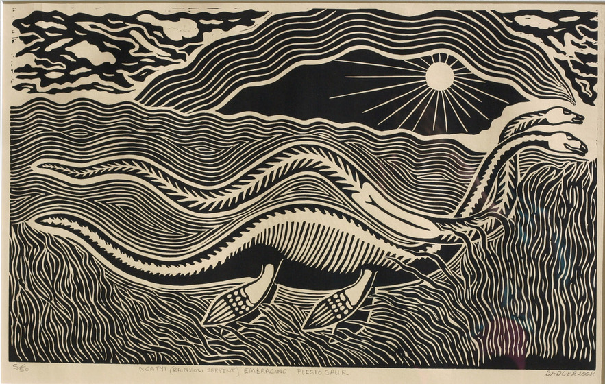 Black and white linoprint of a dinosaur and serpent swimming in a river through weeds. The sun sits above them.