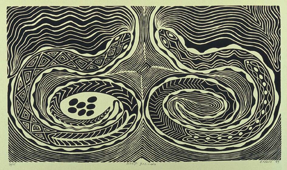 Black and white linoprint of two serpents mirroring each other, coiled up at the tail end. Each serpent has different markings on its body.