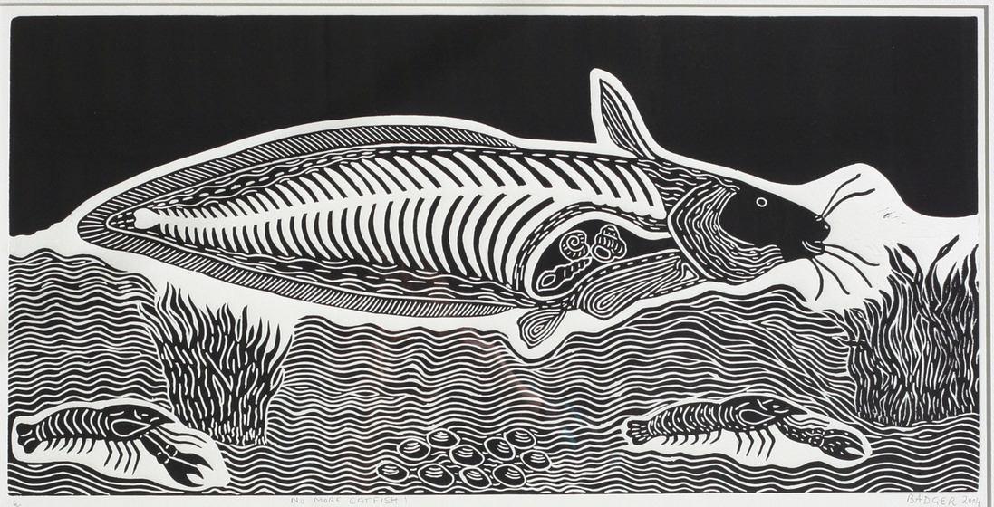 Black and white linoprint of a catfish swimming through water. On the base of the river are yabbies, mussels and grasses.