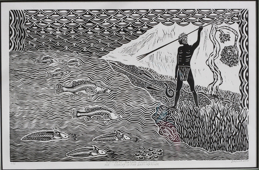 Black and white linoprint of a man dressed only in a loin cloth, standing on the banks of a river with a spear raised in one hand. He is looking over the river, where lots of fish of different shapes and sizes are swimming.