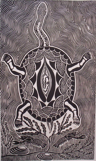 Black and white linoprint of a tortoise, looking from the top down. Underneath the tortoise are yabbies, mussels and plant matter.