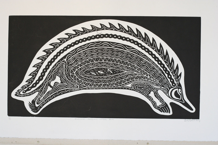 Black and white linoprint of an echidna, from the side on. In his belly are ants, with the rest of his body being made up of different patterns.