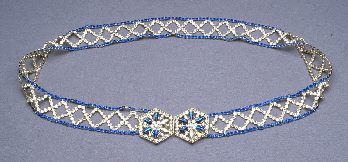Beaded belt made up of gold and blue jewels and beads.