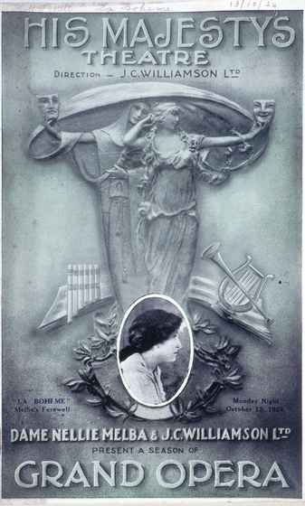 Grey theatre programme featuring two statues, a woman and a man, each holding a theatrical mask in their outstretched hand. In the lower third is an oval photograph of a woman in profile. Text across the programme lists the performance details.