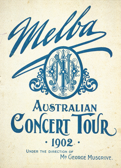 Concert programme features decorative blue text and and monograph featuring the initials N and M.
