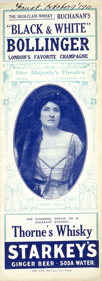 Long, thin concert programme with the top and bottom thirds featuring text based advertisements for champagne, ginger beer and soda water. In the middle third is an oval portrait of a woman wearing a dress and an animal fur shawl draped over her shoulder.