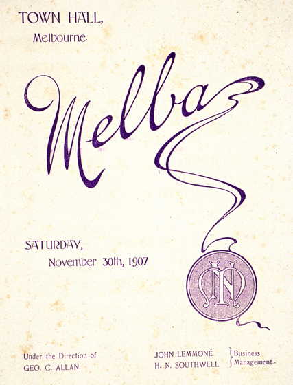 Concert programme features decorative purple text and and monograph featuring the initials N and M.