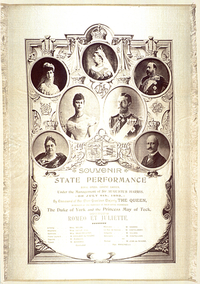 Silk programme featuring five circles and two ovals, each featuring a member of the British Royal Family. The lower half of the program outlines the performance details.