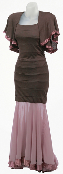 Mannequin wearing brown jersey panelled dress with chiffon skirt and fishtail trimmed with brown satin ribbon
