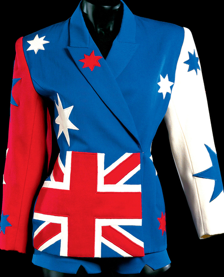 Mannequin wearing blue cotton double-breasted jacket and shorts with Australian Flag motif
