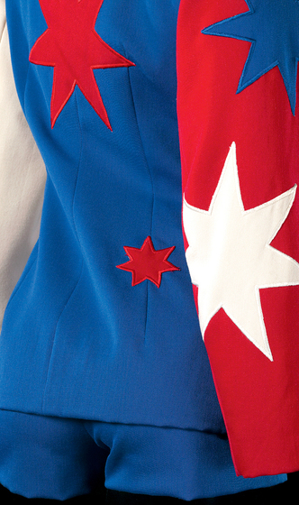 Mannequin wearing blue cotton double-breasted jacket and shorts with Australian Flag motif
