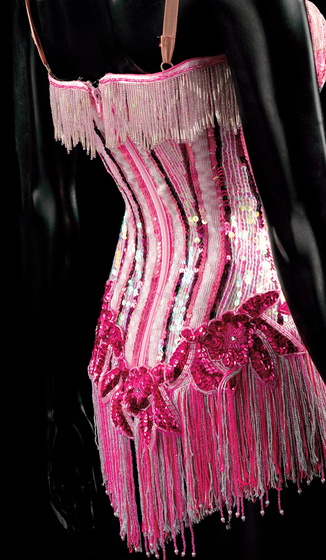 Back of the pink, silver and white sequin, bugle bead and fringe ‘showgirl’ corset