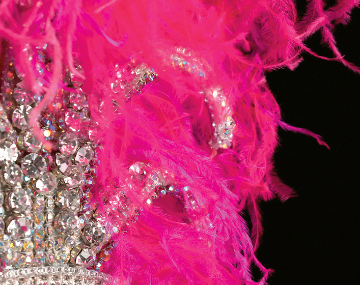 Detailed view of pink ostrich feather and diamante ‘showgirl’ tiara