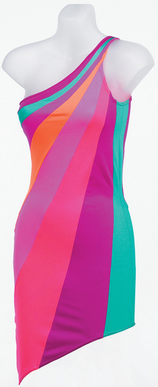Mannequin wearing a one shouldered multi-coloured lycra stripe dress