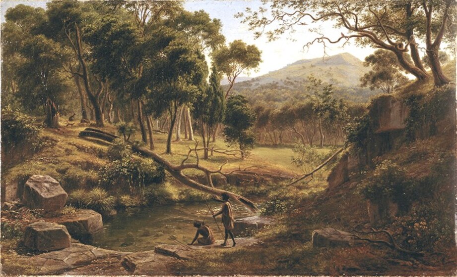 Bushland scene with two indigenous men kneeling and standing beside a river. Rocks jut from embankments either side of the men, and in the background are groups of gumtrees and taller hills.