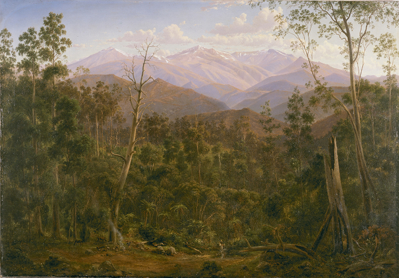 Landscape scene of bushland and snowy mountain ranges. In the foreground are green trees and shrubs of differing heights, with the background framed by rolling mountains and snow peaks on top.