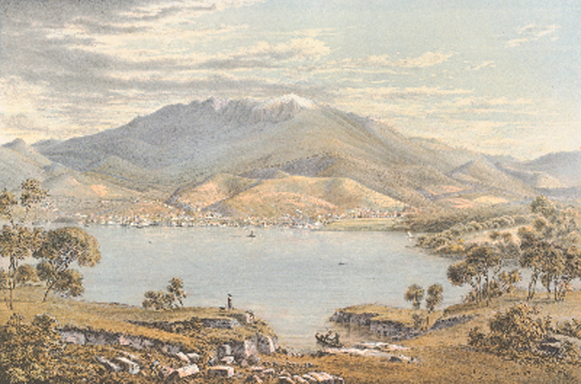 Landscape scene of a large open lake, framed by trees and scrub on the waters edge, and on the opposite back a large groups of hills rising up from the shoreline. At the base of the hills are tiny houses positioned on the waters edge.