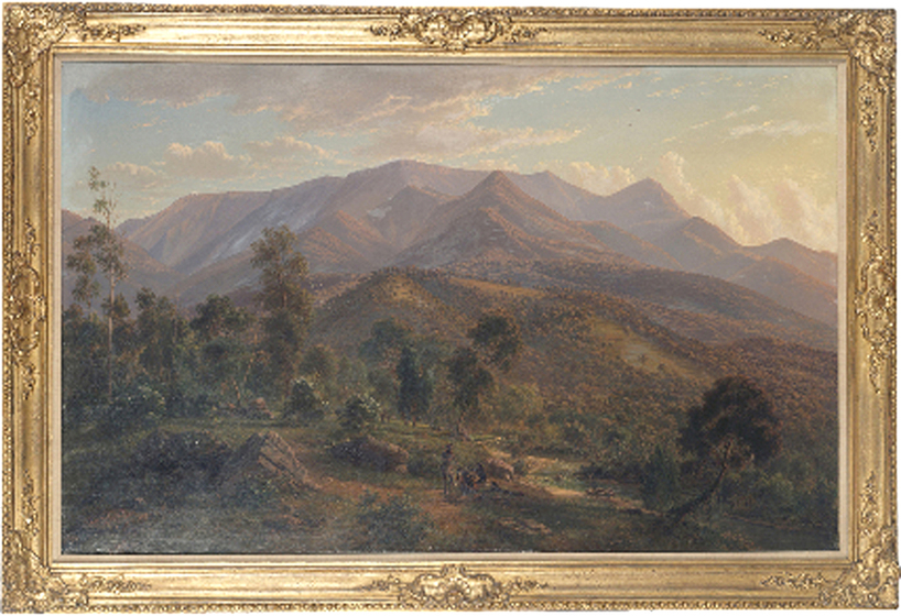 Gold framed landscape painting, featuring bushland stretching into a mountain range full of peaks and troughs.