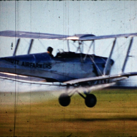 Blue tiger moth plane flies close to the ground, with spray lying out the wings spray dispensers.