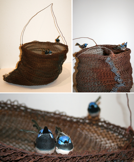 Three separate images showing different angles of a basket made from tightly woven metal mesh. On the rim of the basket are sculptures of three little blue wrens