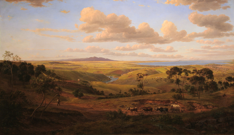 Landscape painting of green rolling hills leading down to a large body of water. In the foreground a bullock train walks down a dirt road, heading towards a solitary man.