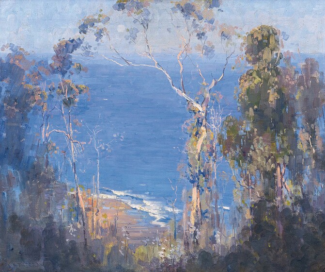 Watercolour painting of the ocean, both sides are framed by tall eucalypts and gentle waves break on the shoreline.
