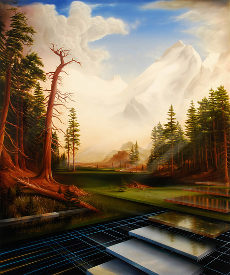 Abstract painting of a landscape, with reflective steps leading up into a valley, bordered by tall pines. In the distance are snow covered mountains leading up into sun filled clouds.