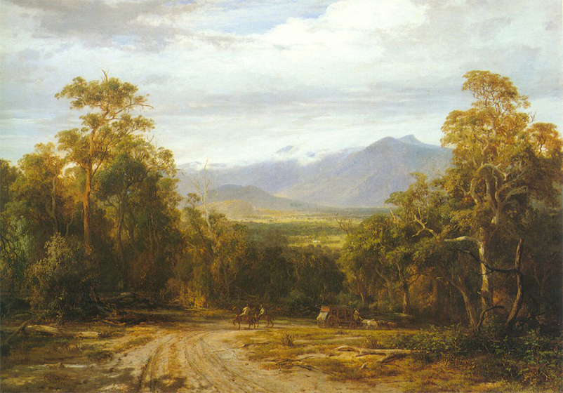 Travellers on horseback and within a coach traverse a muddy track. They are surrounded by bushland on either side, and stretching into the background are open green plains that turn into hills in the far distance.