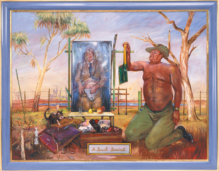 A topless man wearing khaki slacks and a slouch hat kneels next to a portrait of a man. The portrait has been smashed. Beneath the portrait is a small table with fruit and an open suitcase full of bits and pieces. A dog is pulling something out of the suitcase and chewing on it. The landscape surrounding this scene is slightly baron, with a dead tree in one corner and an alive tree in the other, as well as a blue dam and red dirt in the background.