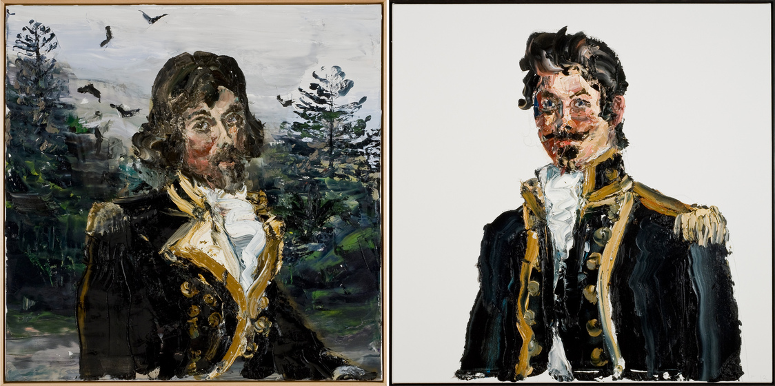 Two paintings side by side, each containing a man dressed in 18th century military uniforms with gold trim and white ruffled shirts. The painting on the left includes a forested background, whilst the one on the right is simply white.