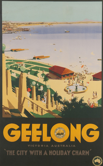 Art deco styled print of a beach scene. A pavillion sits on the waters edge with lots of sand paths and green patches of lawn. A staircase leads down to a round circular fountain, and people walk around the pavilion, down to the waters edge. At the bottom of the print in big text reads 'Geelong, Victoria Australia: The city with a holiday charm'.