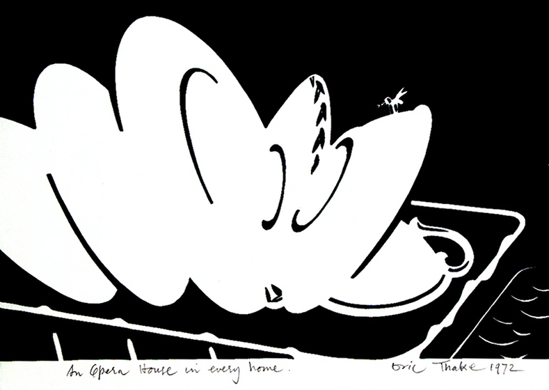 Black and white linocut print, including a large white cloud shape that resembles dishes stacked in a dish rack.