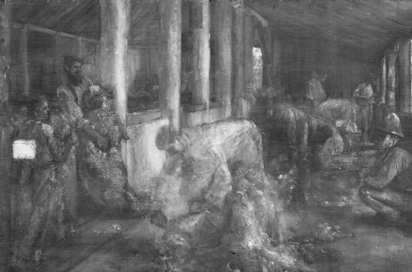 Black and white slightly version of a painting scene set in a wooden structured shearing shed. Three men stand in a row, each pinning a ram to the wool shed boards and shearing various parts of its body. Other men stand around the shed doing other jobs, including carrying fleece, dragging rams, sweeping boards and drinking.