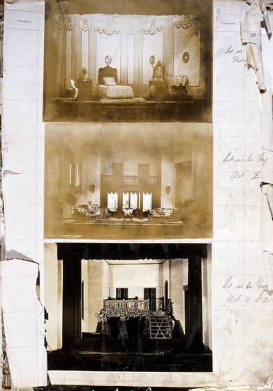 Three sepia photographs of different set designs, stuck to a scrapbook page. There are some hand written notes in the margin.