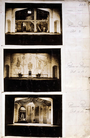 Three sepia photographs of different set designs, stuck to a scrapbook page. There are some hand written notes in the margin.