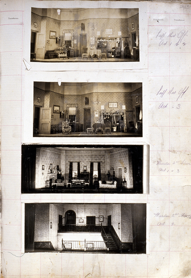 Four sepia photographs of different set designs, stuck to a scrapbook page. There are some hand written notes in the margin.