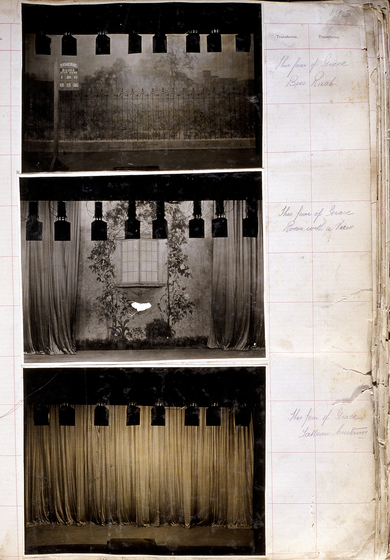 Three sepia photographs of different set designs, stuck to a scrapbook page. There are some hand written notes in the margin.