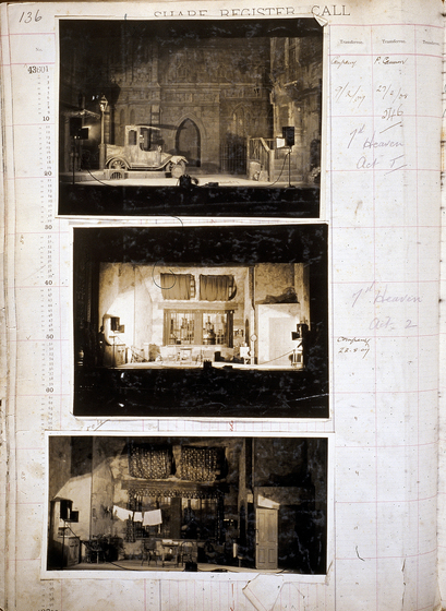 Three sepia photographs of different set designs, stuck to a scrapbook page. There are some hand written notes in the margin.