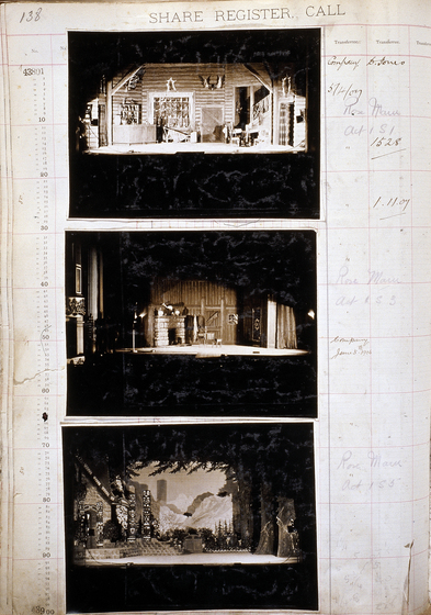 Three sepia photographs of different set designs, stuck to a scrapbook page. There are some hand written notes in the margin.