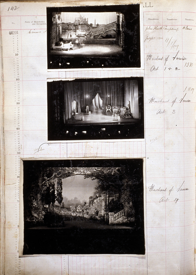 Three black and white photographs of different set designs, stuck to a scrapbook page. There are some hand written notes in the margin.