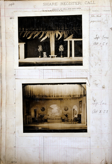 Two sepia photographs of different set designs, stuck to a scrapbook page. There are some hand written notes in the margin.