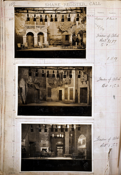 Three sepia photographs of different set designs, stuck to a scrapbook page. There are some hand written notes in the margin.
